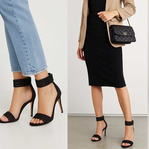 Cape Robbin Black Glitter Ankle Strap Stiletto Sandals – Open Toe Heels - Picture 2 of 9